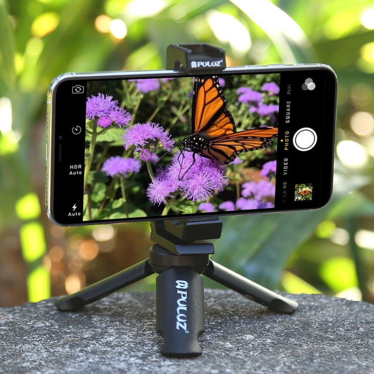 PULUZ Folding Plastic Tripod + Horizontal / Vertical Shooting Metal Clamp with Cold Shoe for iPhone, Galaxy, Huawei, Xiaomi, Sony, HTC, Google and other Smartphones - Desktop Holder by PULUZ | Online Shopping South Africa | PMC Jewellery | Buy Now Pay Later Mobicred