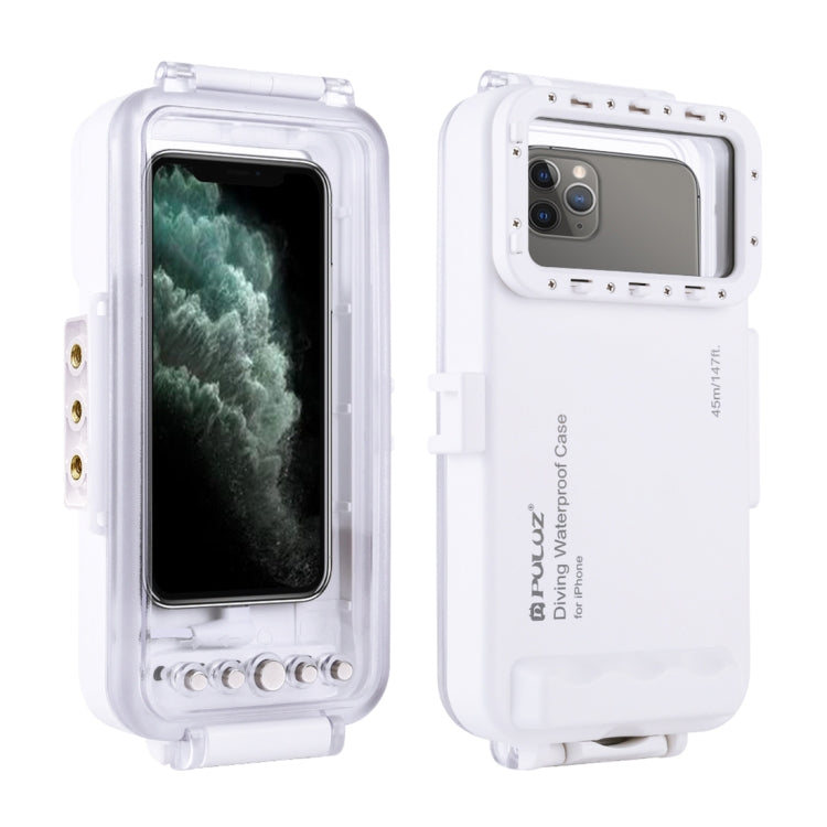 PULUZ 45m/147ft Waterproof Diving Case Photo Video Taking Underwater Housing Cover for iPhone 14 Series, iPhone 13 Series, iPhone 12 Series, iPhone 11 Series, iPhone X Series, iPhone 8 & 7, iPhone 6s, iOS 13.0 or Above Version iPhone(White) - iPhone 14 Pro Cases by PULUZ | Online Shopping South Africa | PMC Jewellery | Buy Now Pay Later Mobicred