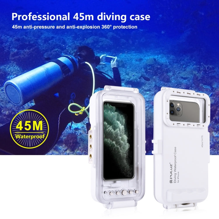 PULUZ 45m/147ft Waterproof Diving Case Photo Video Taking Underwater Housing Cover for iPhone 14 Series, iPhone 13 Series, iPhone 12 Series, iPhone 11 Series, iPhone X Series, iPhone 8 & 7, iPhone 6s, iOS 13.0 or Above Version iPhone(White) - iPhone 14 Pro Cases by PULUZ | Online Shopping South Africa | PMC Jewellery | Buy Now Pay Later Mobicred