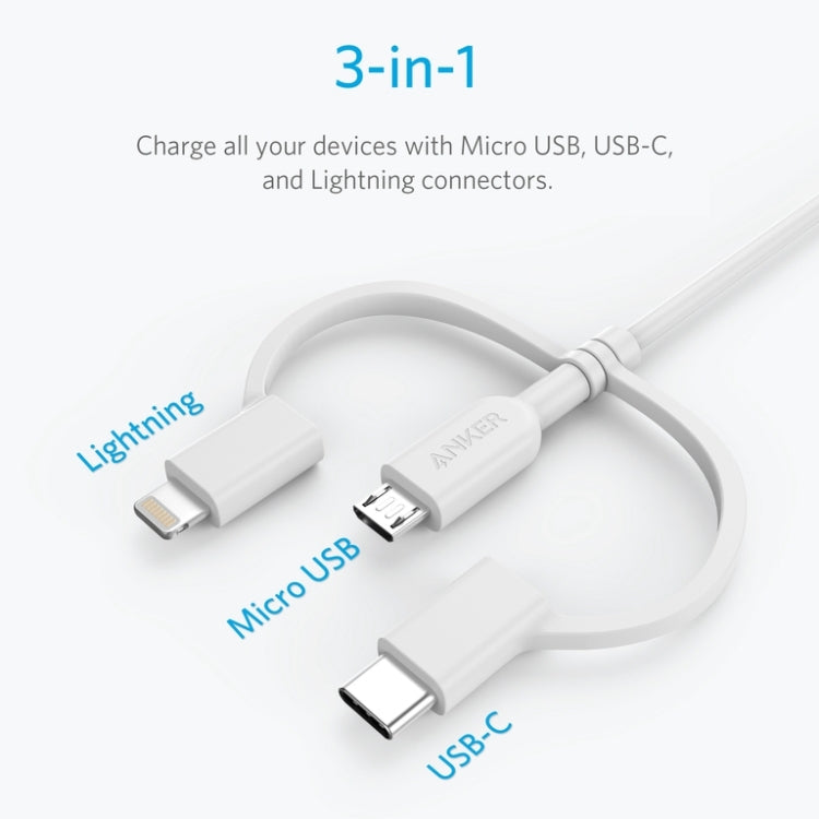 ANKER 3 in 1 8 Pin + Micro USB + USB-C / Type-C Interface MFI Certificated Data Cable(White) - MFI Cable by ANKER | Online Shopping South Africa | PMC Jewellery | Buy Now Pay Later Mobicred