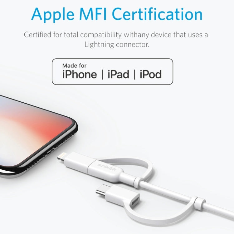 ANKER 3 in 1 8 Pin + Micro USB + USB-C / Type-C Interface MFI Certificated Data Cable(White) - MFI Cable by ANKER | Online Shopping South Africa | PMC Jewellery | Buy Now Pay Later Mobicred