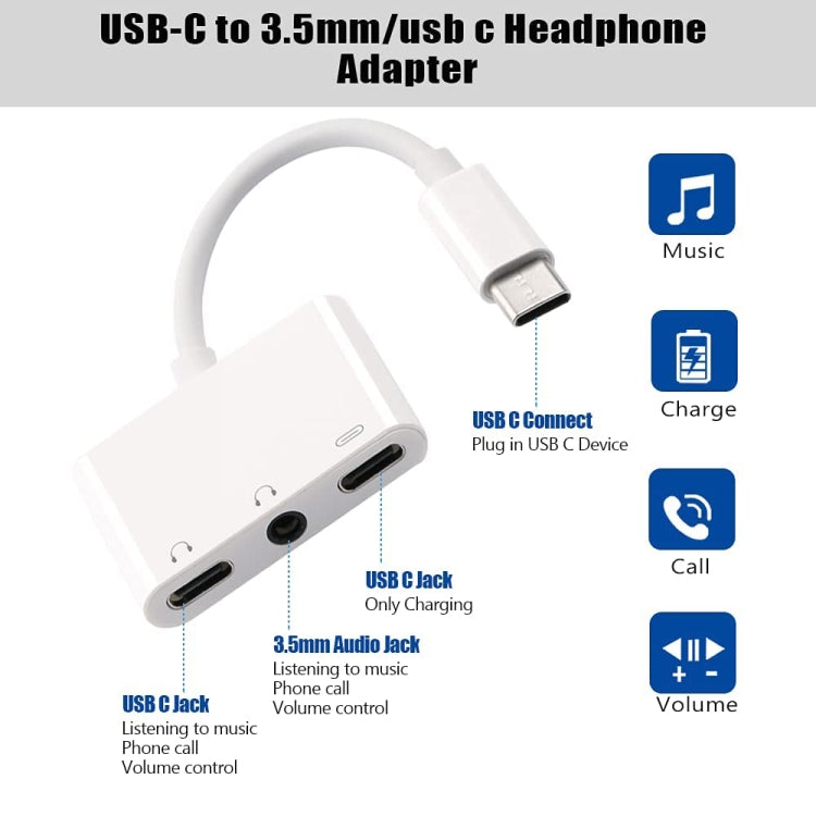 3 in 1 USB-C + 3.5mm + 3.5mm to USB-C Digital Charge Audio Adapter (White) - Audio Adapter by PMC Jewellery | Online Shopping South Africa | PMC Jewellery