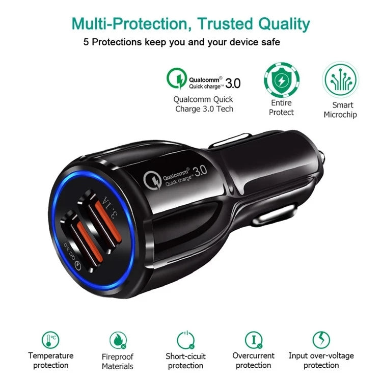 Qc3.0 Dual USB Car Charger + Micro USB Fast Charging Cable Car Charging Kit(Black) - Car Charger by PMC TechLife | Online Shopping South Africa | PMC TechLife