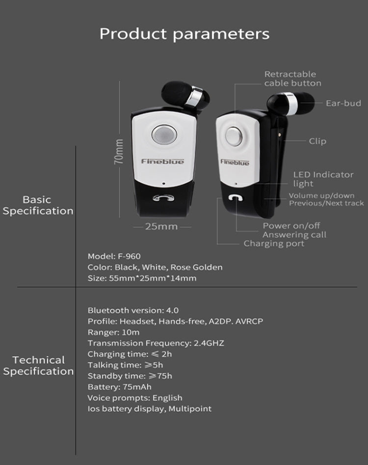 Fineblue F960 CSR4.1 Retractable Cable Caller Vibration Reminder Anti-theft Bluetooth Headset - Bluetooth Earphone by Fineblue | Online Shopping South Africa | PMC TechLife | Buy Now Pay Later Mobicred