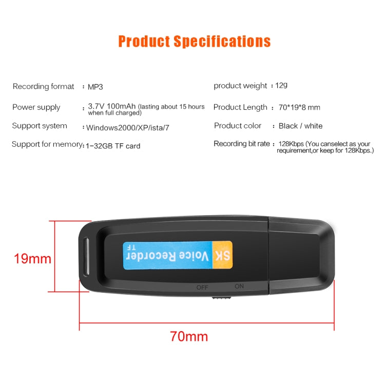 SK001 Professional Rechargeable U-Disk Portable USB Digital Audio Voice Recorder Pen Support TF Card Up to 32GB Dictaphone Flash Drive(Black) -  by PMC Jewellery | Online Shopping South Africa | PMC Jewellery