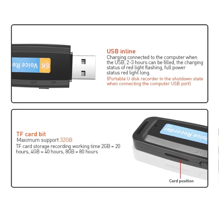 SK001 Professional Rechargeable U-Disk Portable USB Digital Audio Voice Recorder Pen Support TF Card Up to 32GB Dictaphone Flash Drive(Black) -  by PMC Jewellery | Online Shopping South Africa | PMC Jewellery