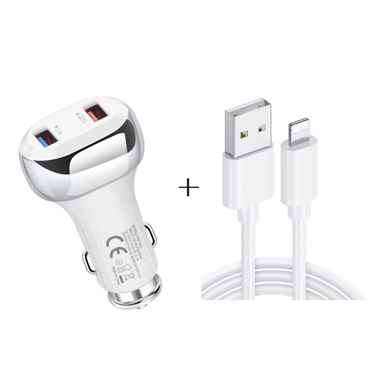 YSY-312 2 in 1 18W Portable QC3.0 Dual USB Car Charger + 1m 3A USB to 8 Pin Data Cable Set(White) - Car Charger by PMC Jewellery | Online Shopping South Africa | PMC Jewellery