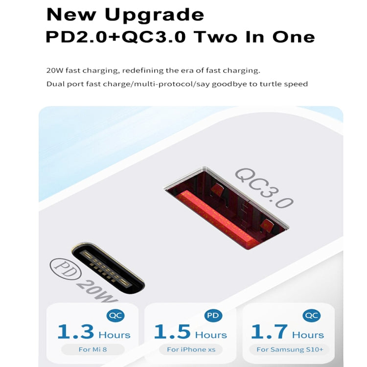 20W PD Type-C + QC 3.0 USB Interface Fast Charging Travel Charger with USB to 8 Pin Fast Charge Data Cable EU Plug - USB Charger by PMC TechLife | Online Shopping South Africa | PMC TechLife