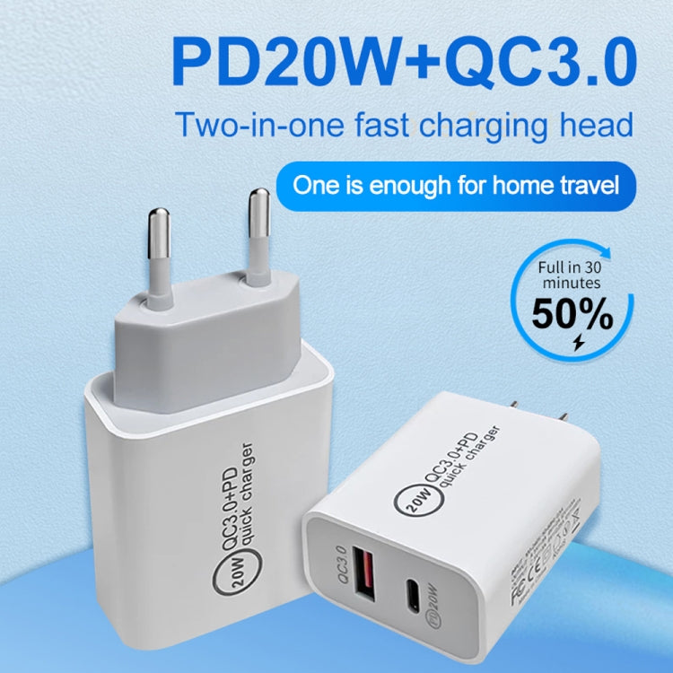 20W PD Type-C + QC 3.0 USB Interface Fast Charging Travel Charger with USB-C / Type-C to 8 Pin Fast Charge Data Cable EU Plug - USB Charger by PMC TechLife | Online Shopping South Africa | PMC TechLife | Buy Now Pay Later Mobicred