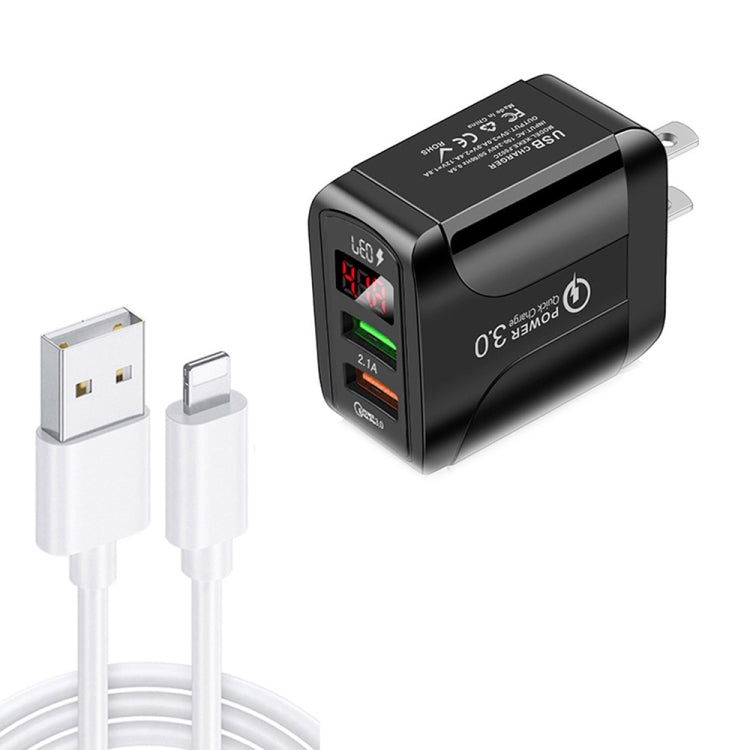 F002C QC3.0 USB + USB 2.0 LED Digital Display Fast Charger with USB to 8 Pin Data Cable, US Plug(Black) - USB Charger by PMC TechLife | Online Shopping South Africa | PMC TechLife | Buy Now Pay Later Mobicred