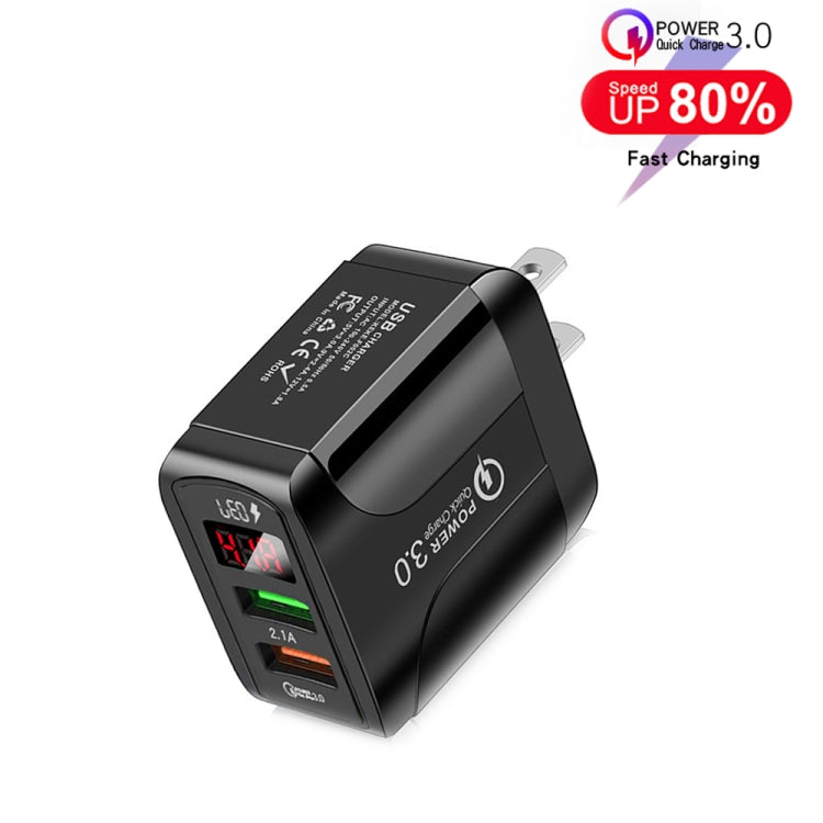 F002C QC3.0 USB + USB 2.0 LED Digital Display Fast Charger with USB to 8 Pin Data Cable, US Plug(Black) - USB Charger by PMC TechLife | Online Shopping South Africa | PMC TechLife | Buy Now Pay Later Mobicred