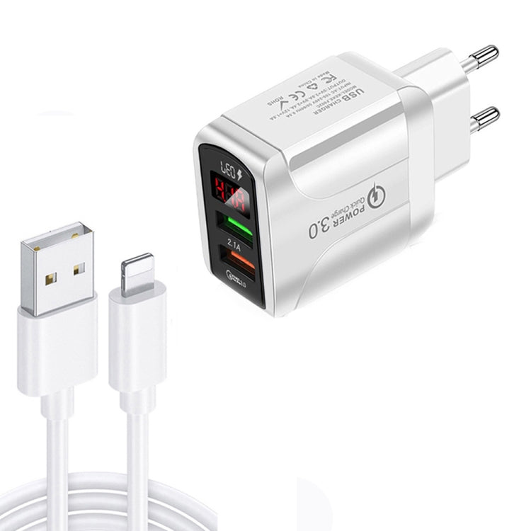 F002C QC3.0 USB + USB 2.0 LED Digital Display Fast Charger with USB to 8 Pin Data Cable, EU Plug(White) - USB Charger by PMC Jewellery | Online Shopping South Africa | PMC Jewellery