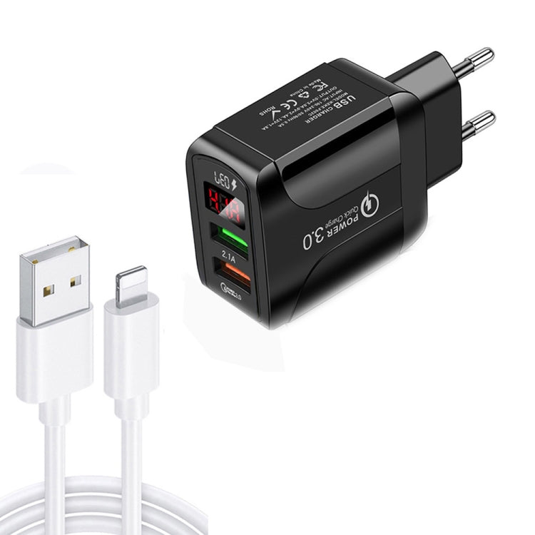 F002C QC3.0 USB + USB 2.0 LED Digital Display Fast Charger with USB to 8 Pin Data Cable, EU Plug(Black) - free shipping - PMC TechLife - Order now!