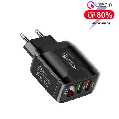 F002C QC3.0 USB + USB 2.0 LED Digital Display Fast Charger with USB to 8 Pin Data Cable, EU Plug(Black) - USB Charger by PMC Jewellery | Online Shopping South Africa | PMC Jewellery