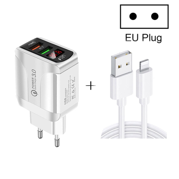 F002C QC3.0 USB + USB 2.0 LED Digital Display Fast Charger with USB to 8 Pin Data Cable, EU Plug(Black) - free shipping - PMC TechLife - Order now!