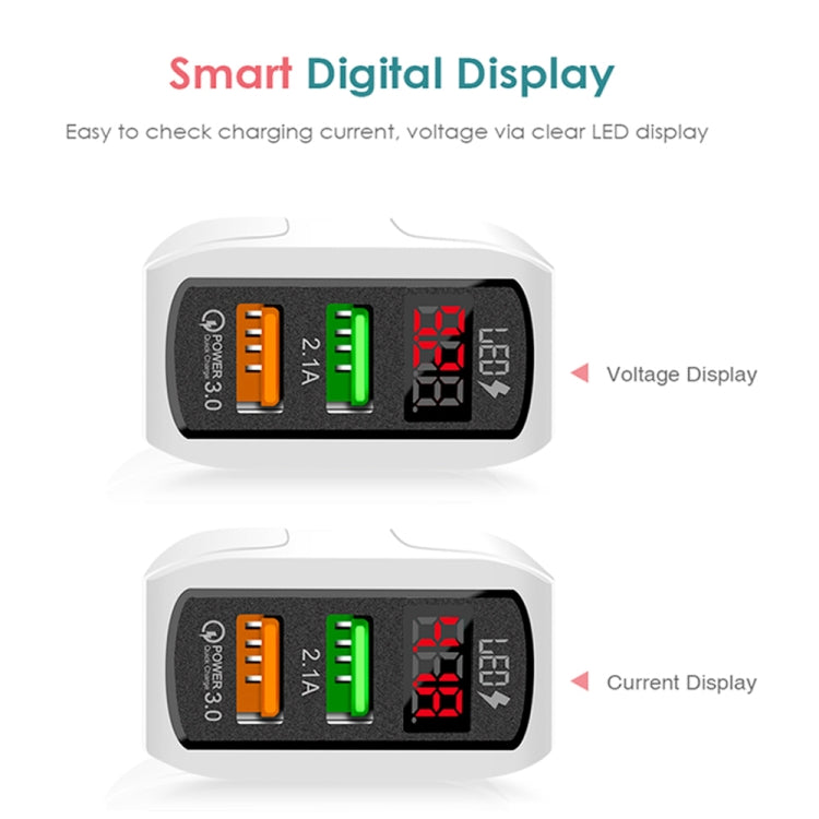 F002C QC3.0 USB + USB 2.0 LED Digital Display Fast Charger with USB to 8 Pin Data Cable, EU Plug(Black) - free shipping - PMC TechLife - Order now!