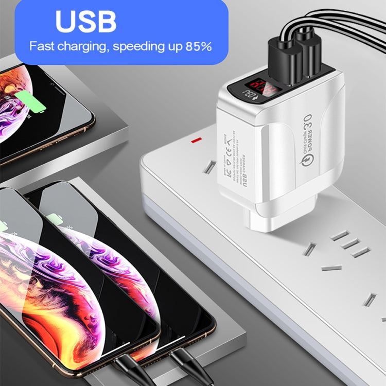 F002C QC3.0 USB + USB 2.0 LED Digital Display Fast Charger with USB to 8 Pin Data Cable, EU Plug(Black) - free shipping - PMC TechLife - Order now!