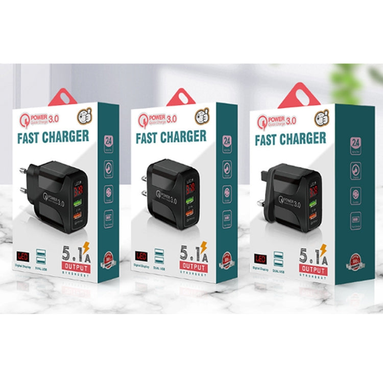 F002C QC3.0 USB + USB 2.0 LED Digital Display Fast Charger with USB to 8 Pin Data Cable, EU Plug(Black) - free shipping - PMC TechLife - Order now!