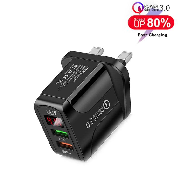 F002C QC3.0 USB + USB 2.0 LED Digital Display Fast Charger with USB to 8 Pin Data Cable, UK Plug(Black) - USB Charger by PMC Jewellery | Online Shopping South Africa | PMC Jewellery