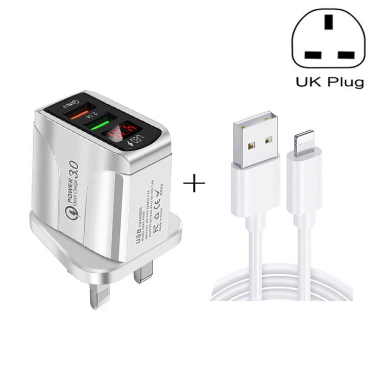 F002C QC3.0 USB + USB 2.0 LED Digital Display Fast Charger with USB to 8 Pin Data Cable, UK Plug(Black) - USB Charger by PMC TechLife | Online Shopping South Africa | PMC TechLife | Buy Now Pay Later Mobicred