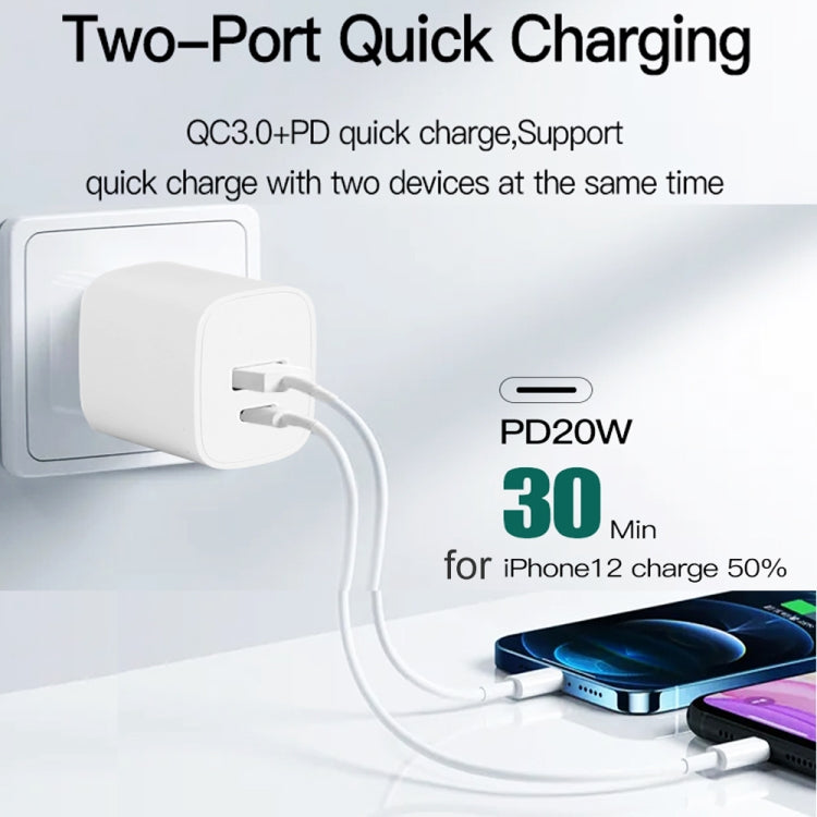 CS-20W Mini Portable PD3.0 + QC3.0 Dual Ports Fast Charger with 3A Type-C to 8 Pin Data Cable(EU Plug) - USB Charger by PMC Jewellery | Online Shopping South Africa | PMC Jewellery