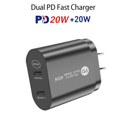 002 40W Dual Port PD / Type-C Fast Charger with USB-C to 8 Pin Data Cable, US Plug(Black) - USB Charger by PMC Jewellery | Online Shopping South Africa | PMC Jewellery