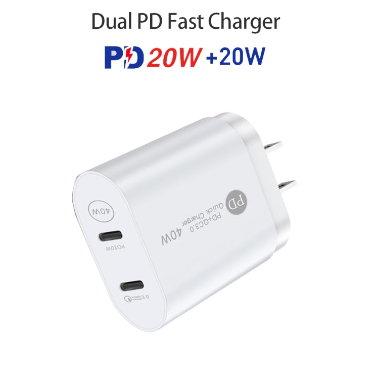 002 40W Dual Port PD / Type-C Fast Charger with USB-C to 8 Pin Data Cable, US Plug(White) - USB Charger by PMC Jewellery | Online Shopping South Africa | PMC Jewellery