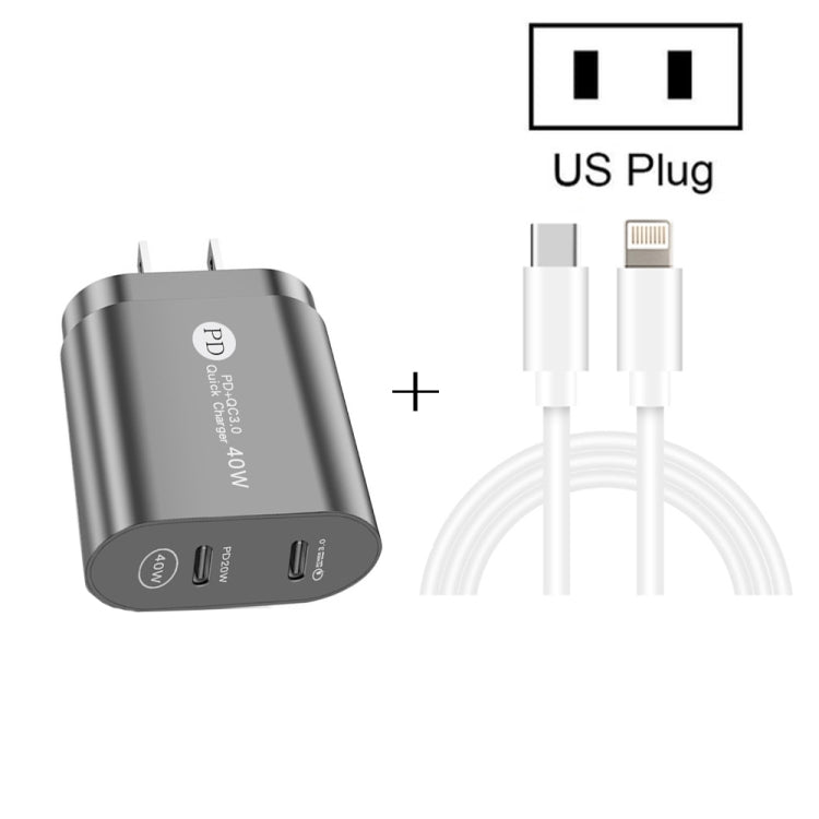002 40W Dual Port PD / Type-C Fast Charger with USB-C to 8 Pin Data Cable, US Plug(Black) - USB Charger by PMC TechLife | Online Shopping South Africa | PMC TechLife | Buy Now Pay Later Mobicred
