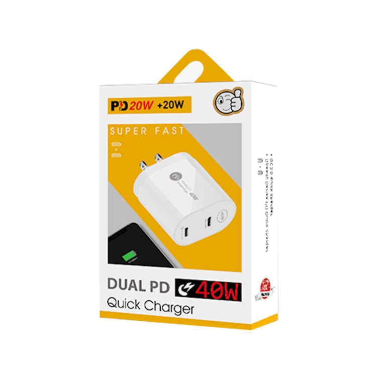 002 40W Dual Port PD / Type-C Fast Charger with USB-C to 8 Pin Data Cable, US Plug(White) - USB Charger by PMC Jewellery | Online Shopping South Africa | PMC Jewellery