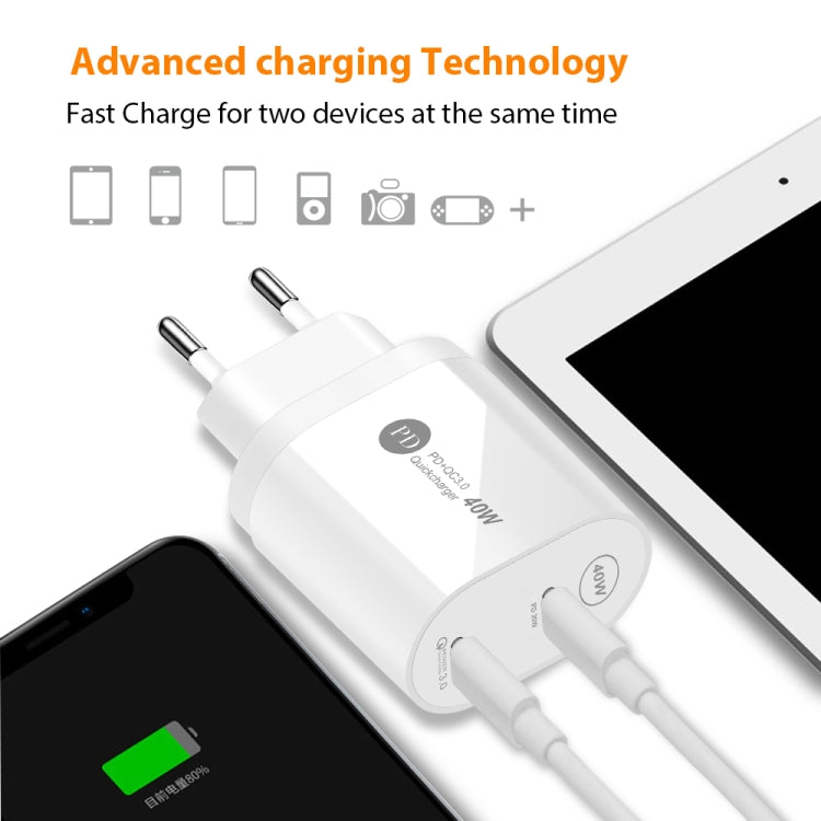 002 40W Dual Port PD / Type-C Fast Charger with USB-C to 8 Pin Data Cable, US Plug(Black) - USB Charger by PMC Jewellery | Online Shopping South Africa | PMC Jewellery