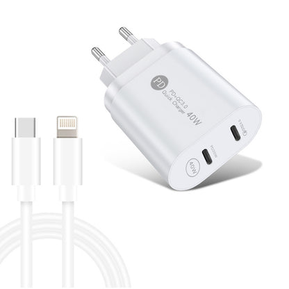 002 40W Dual Port PD / Type-C Fast Charger with USB-C to 8 Pin Data Cable, EU Plug(White) - USB Charger by PMC Jewellery | Online Shopping South Africa | PMC Jewellery