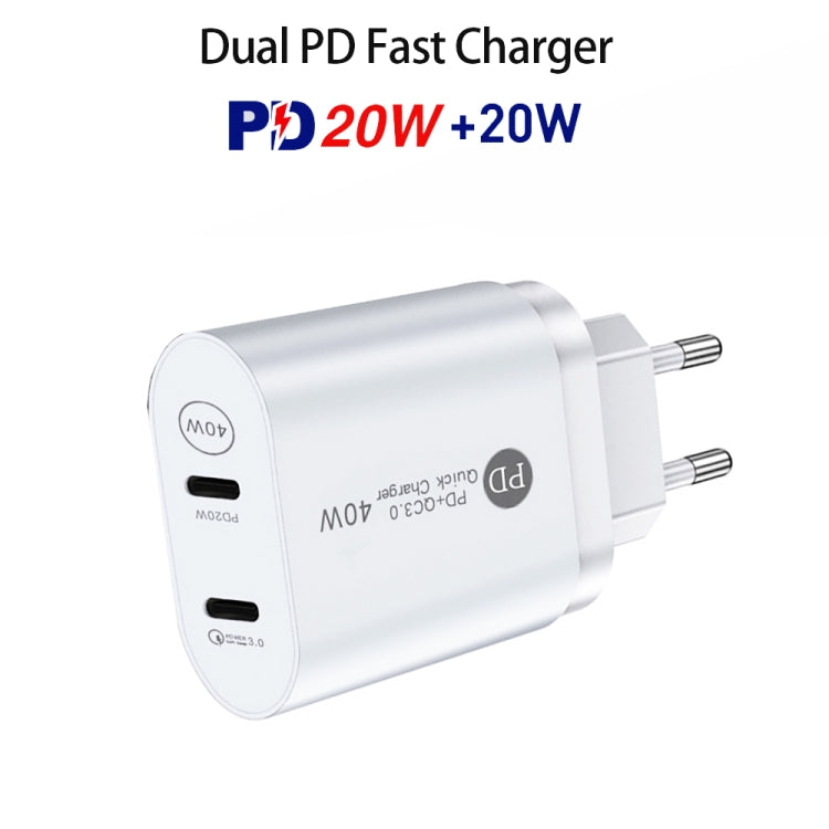 002 40W Dual Port PD / Type-C Fast Charger with USB-C to 8 Pin Data Cable, EU Plug(White) - USB Charger by PMC Jewellery | Online Shopping South Africa | PMC Jewellery