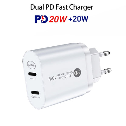 002 40W Dual Port PD / Type-C Fast Charger with USB-C to 8 Pin Data Cable, EU Plug(White) - USB Charger by PMC Jewellery | Online Shopping South Africa | PMC Jewellery