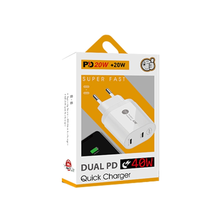 002 40W Dual Port PD / Type-C Fast Charger with USB-C to 8 Pin Data Cable, EU Plug(White) - USB Charger by PMC Jewellery | Online Shopping South Africa | PMC Jewellery