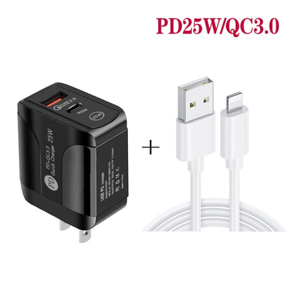 PD25W USB-C / Type-C + QC3.0 USB Dual Ports Fast Charger with USB to 8 Pin Data Cable, US Plug(Black) - USB Charger by PMC Jewellery | Online Shopping South Africa | PMC Jewellery | Buy Now Pay Later Mobicred