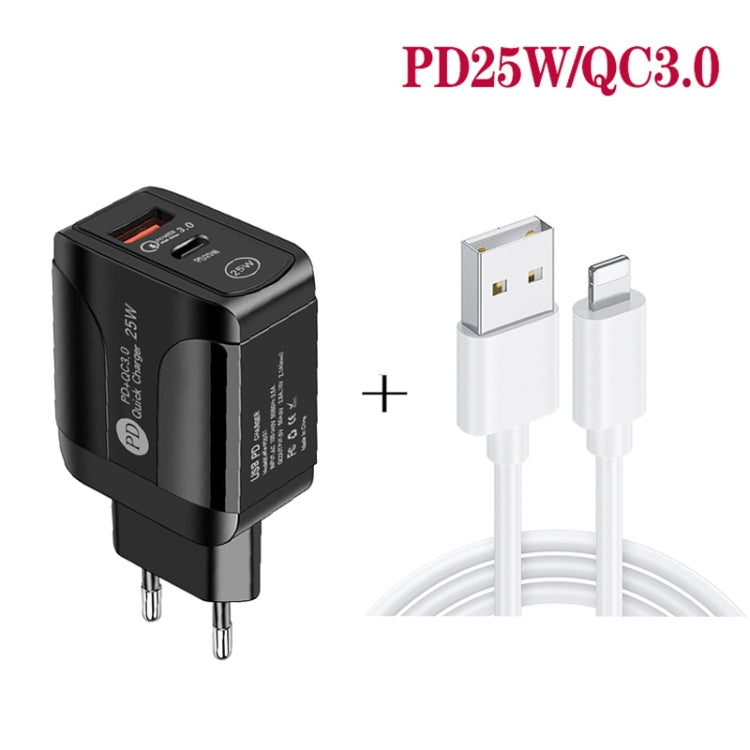 PD25W USB-C / Type-C + QC3.0 USB Dual Ports Fast Charger with USB to 8 Pin Data Cable, EU Plug(Black) - USB Charger by PMC Jewellery | Online Shopping South Africa | PMC Jewellery | Buy Now Pay Later Mobicred