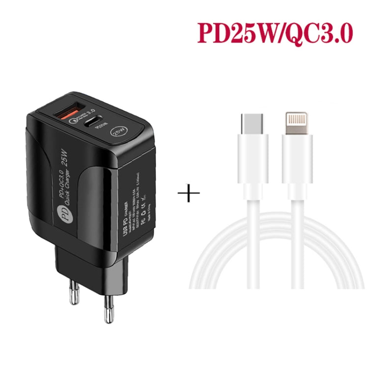 PD25W USB-C / Type-C + QC3.0 USB Dual Ports Fast Charger with USB-C to 8 Pin Data Cable, EU Plug(White) - USB Charger by PMC TechLife | Online Shopping South Africa | PMC TechLife | Buy Now Pay Later Mobicred