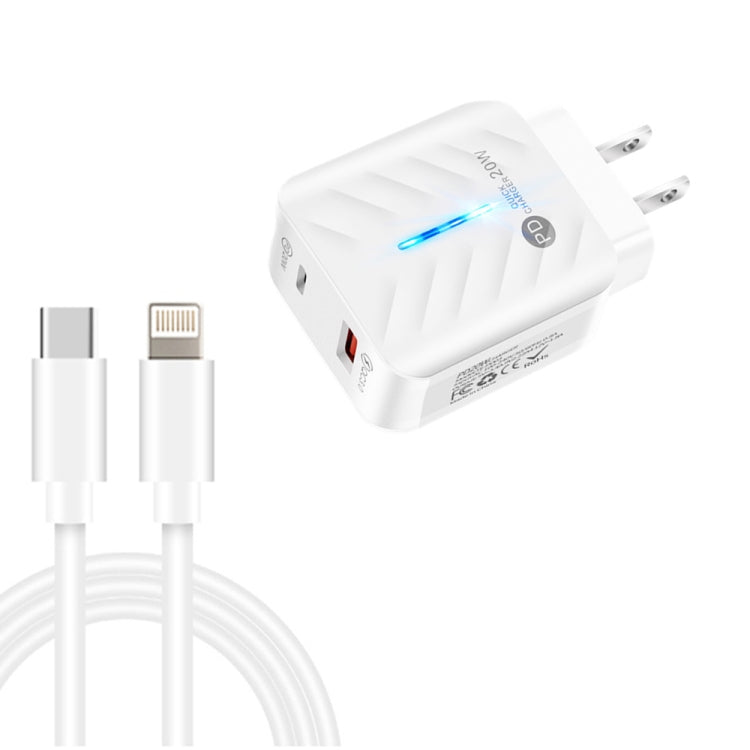 PD03 20W PD3.0 + QC3.0 USB Charger with Type-C to 8 Pin Data Cable, US Plug(White) - USB Charger by PMC TechLife | Online Shopping South Africa | PMC TechLife | Buy Now Pay Later Mobicred