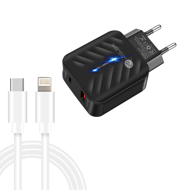 PD03 20W PD3.0 + QC3.0 USB Charger with Type-C to 8 Pin Data Cable, EU Plug(Black) - USB Charger by PMC TechLife | Online Shopping South Africa | PMC TechLife | Buy Now Pay Later Mobicred
