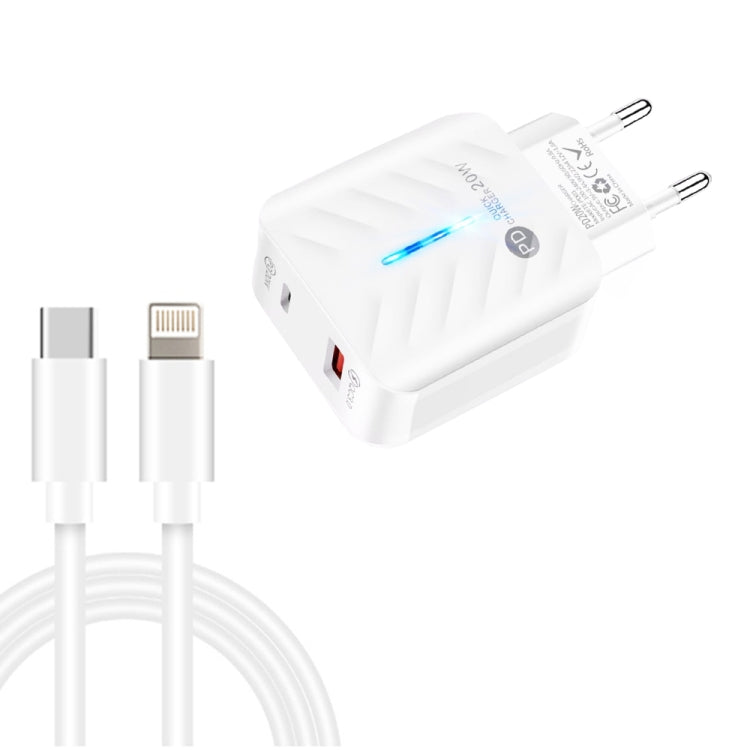 PD03 20W PD3.0 + QC3.0 USB Charger with Type-C to 8 Pin Data Cable, EU Plug(White) - USB Charger by PMC TechLife | Online Shopping South Africa | PMC TechLife | Buy Now Pay Later Mobicred