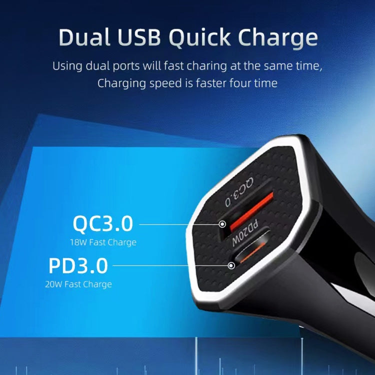 TE-P22 38W PD USB-C / Type-C + QC3. 0 USB Car Charger with 1m USB-C / Type-C to 8 Pin Data Cable(Black) - Car Charger by PMC TechLife | Online Shopping South Africa | PMC TechLife