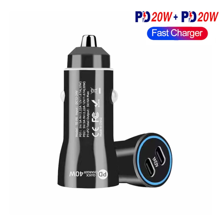 TE-P8 40W PD20W + PD20W Dual Port PD3.0 Car Charger with Type-c to Type-C Data Cable, Length: 1m(Black) - Car Charger by PMC Jewellery | Online Shopping South Africa | PMC Jewellery