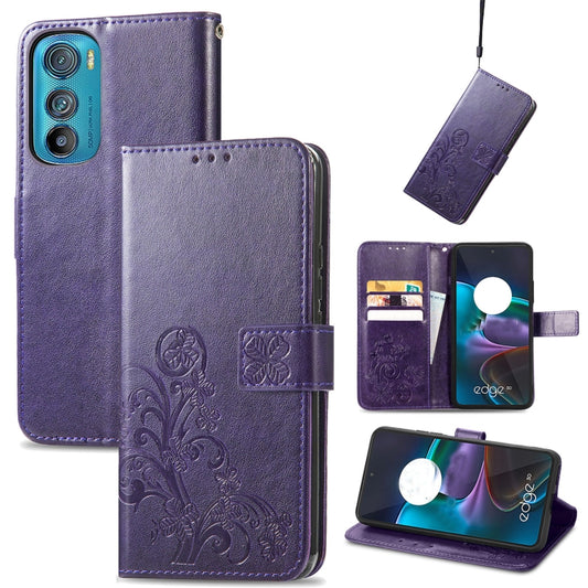 For Motorola Edge 30 Four-leaf Clasp Embossed Buckle Leather Phone Case(Purple) - Motorola Cases by PMC Jewellery | Online Shopping South Africa | PMC Jewellery