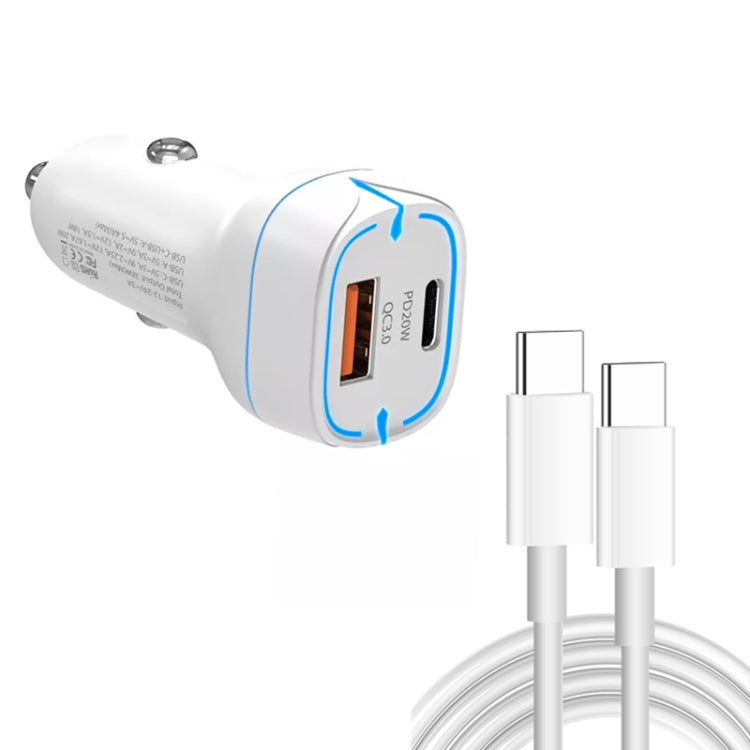 38W PD20W + QC3.0 USB Car Charger with Type-C to Type-C Data Cable, Length: 1m(White) - Car Charger by PMC Jewellery | Online Shopping South Africa | PMC Jewellery