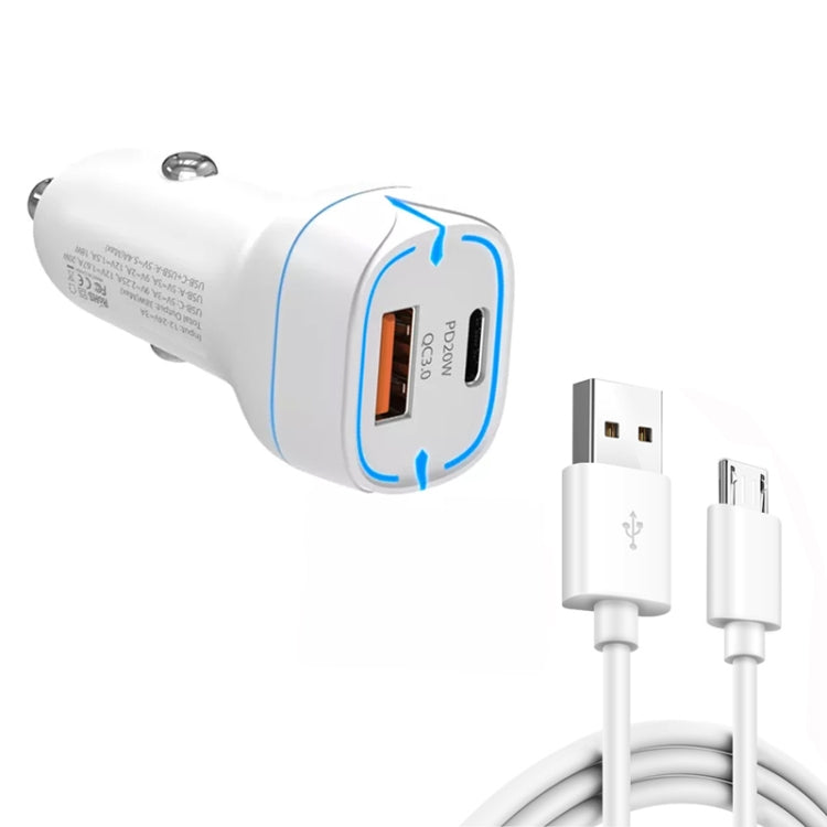 38W PD20W + QC3.0 USB Car Charger with USB to Micro USB Data Cable, Length: 1m(White) - Car Charger by PMC Jewellery | Online Shopping South Africa | PMC Jewellery