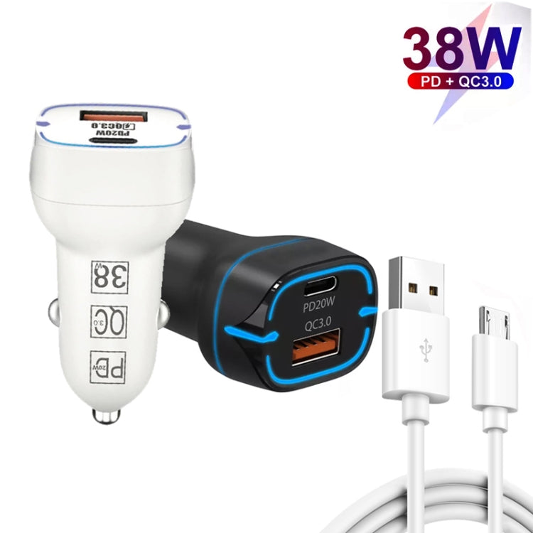 38W PD20W + QC3.0 USB Car Charger with USB to Micro USB Data Cable, Length: 1m(Black) - Car Charger by PMC Jewellery | Online Shopping South Africa | PMC Jewellery