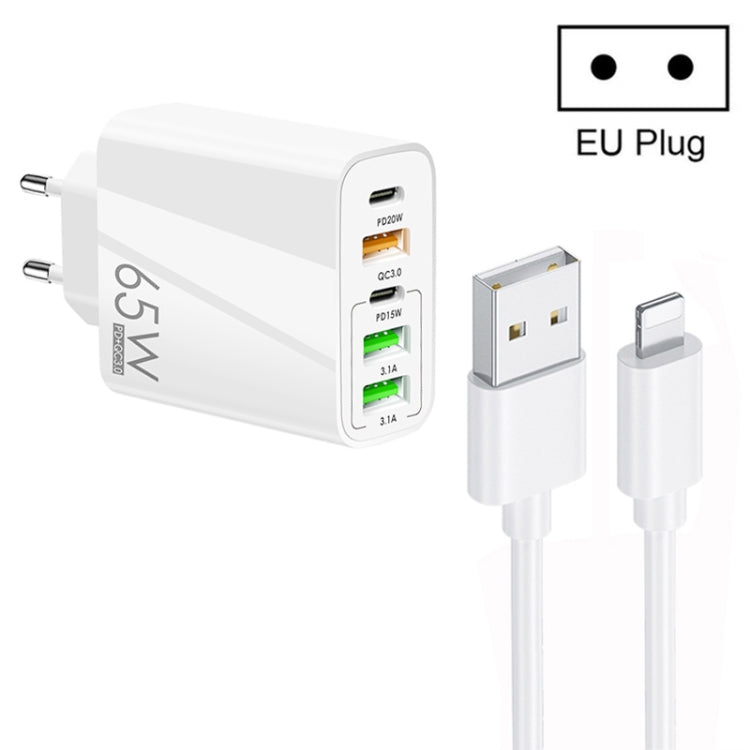 65W Dual PD Type-C + 3 x USB Multi Port Charger with 3A USB to 8 Pin Data Cable, EU Plug(White) - USB Charger by PMC TechLife | Online Shopping South Africa | PMC TechLife | Buy Now Pay Later Mobicred
