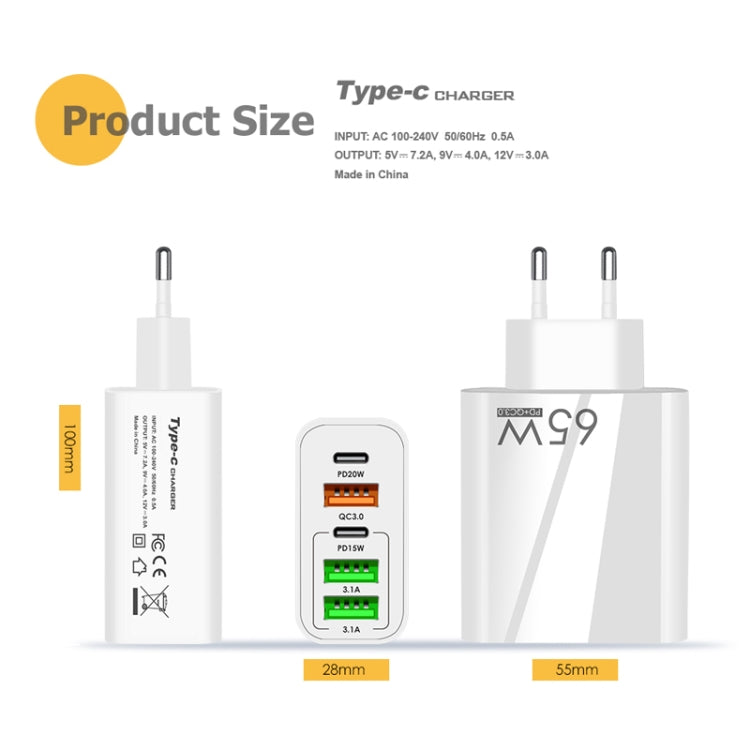 65W Dual PD Type-C + 3 x USB Multi Port Charger with 3A USB to 8 Pin Data Cable, EU Plug(Black) - USB Charger by PMC TechLife | Online Shopping South Africa | PMC TechLife | Buy Now Pay Later Mobicred
