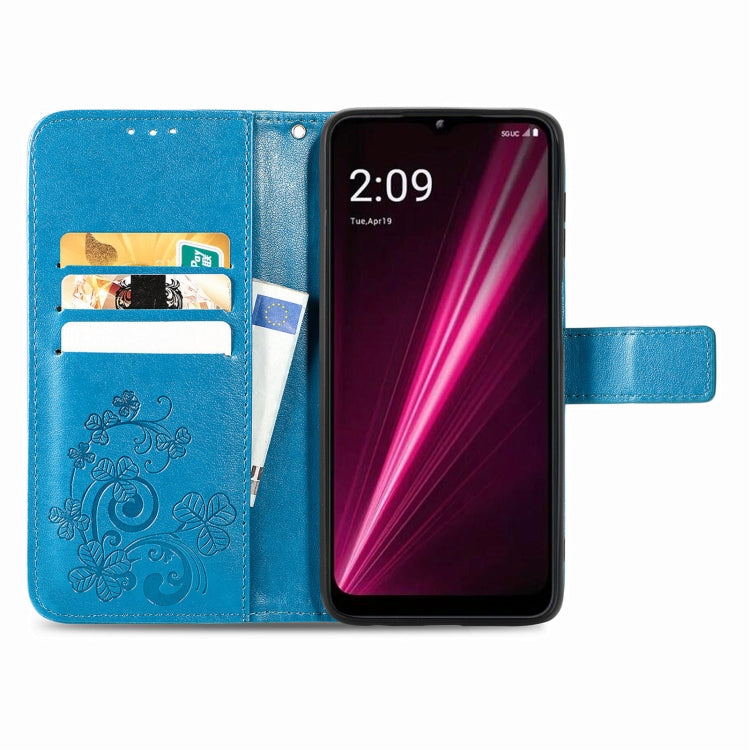 For T-Mobile REVVL 6 5G Four-leaf Clasp Embossed Buckle Leather Phone Case(Blue) - More Brand by PMC Jewellery | Online Shopping South Africa | PMC Jewellery