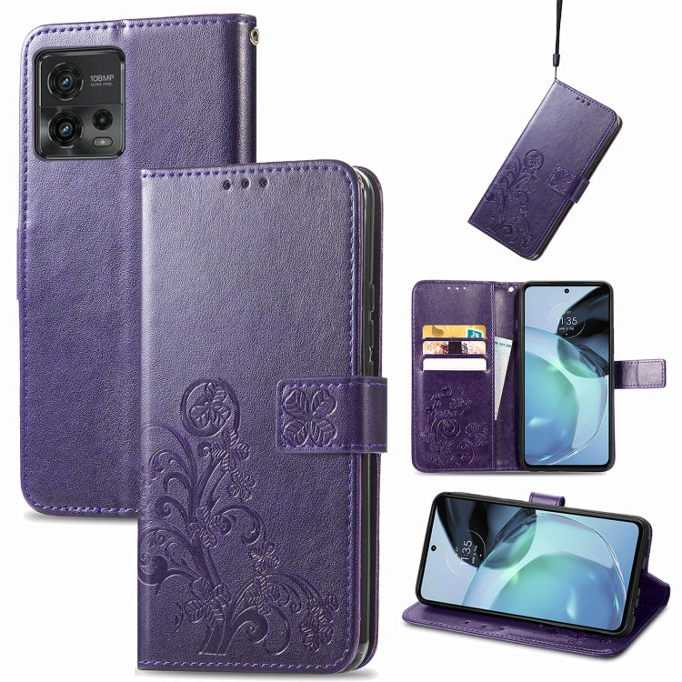 For Motorola Moto G72 Four-leaf Clasp Embossed Leather Phone Case(Purple) - Motorola Cases by PMC Jewellery | Online Shopping South Africa | PMC Jewellery